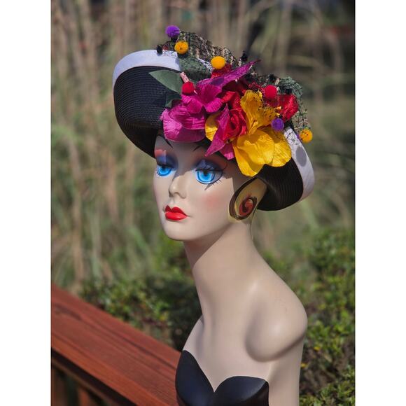 Shon Whittall Black White Straw Hat Floral Netting One Size Derby - Picture 2 of 6